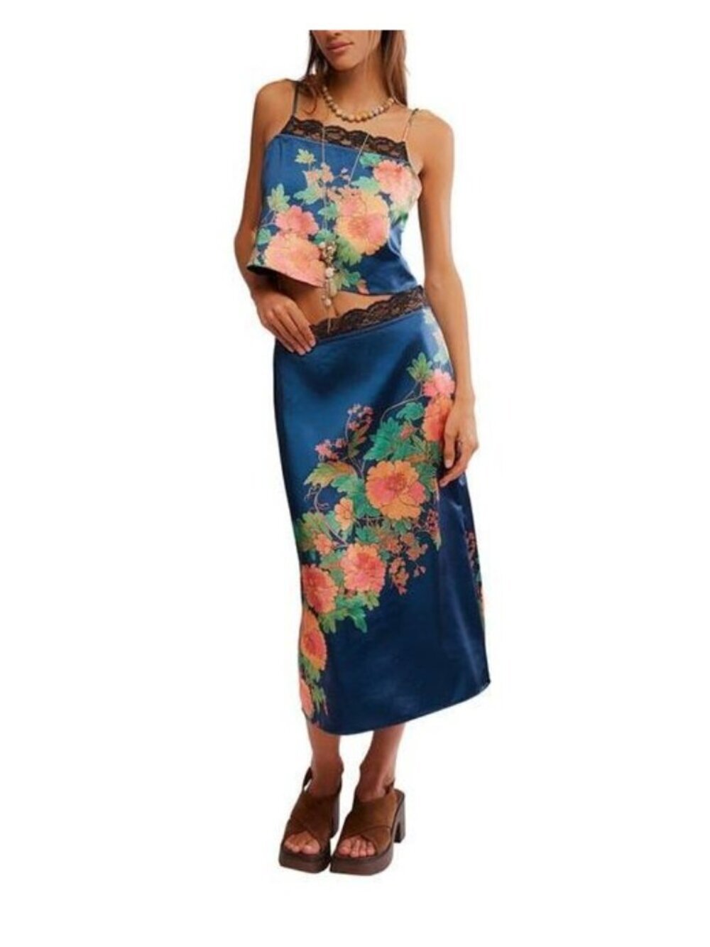NWT Free People Salvatore Floral Silky Lace Trim Skirt Cami Matching Set